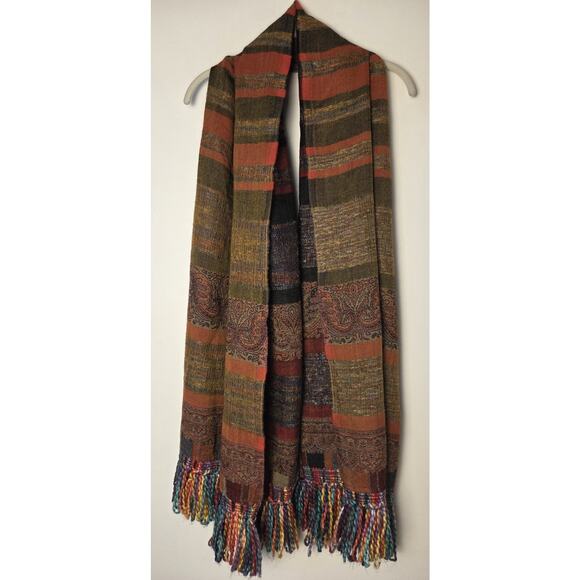 Coldwater Creek Large Scarf Wrap Boho Artsy 72"x27" Wool Blend Colorful Fringe - Picture 2 of 10